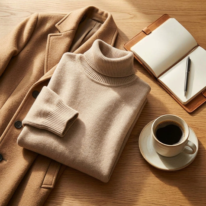 Naoki – Pull col roulé beige ambiance lifestyle