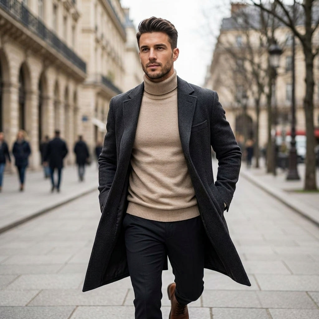Naoki – Pull col roulé porté par un modèle en extérieur