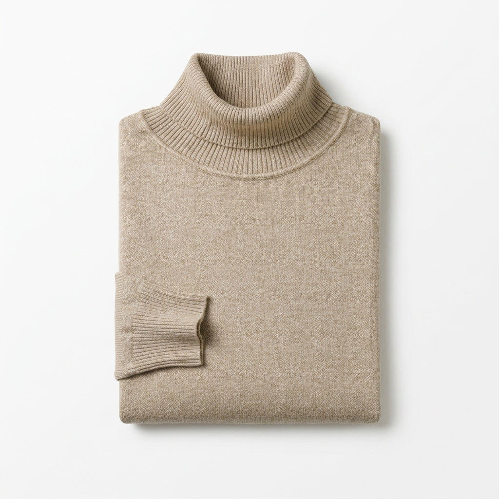 Naoki – Pull col roulé côtelé beige sur fond blanc pur