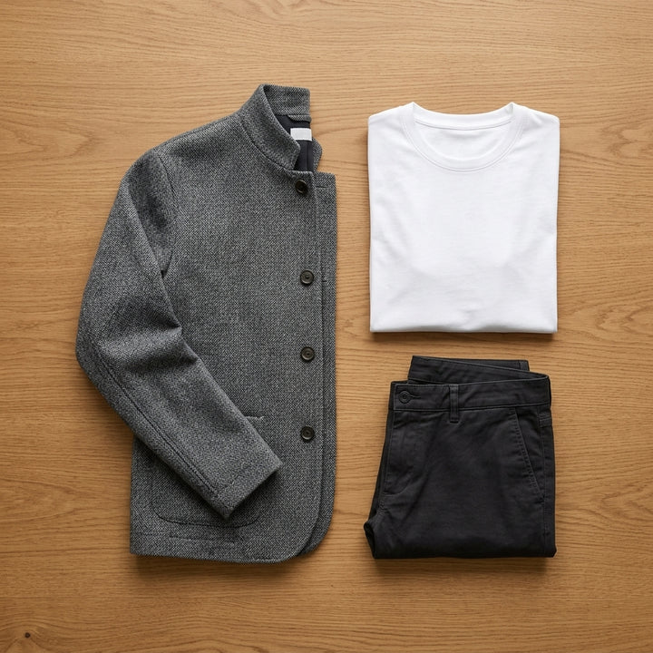 Tenue et composition avec la veste en maille Eita