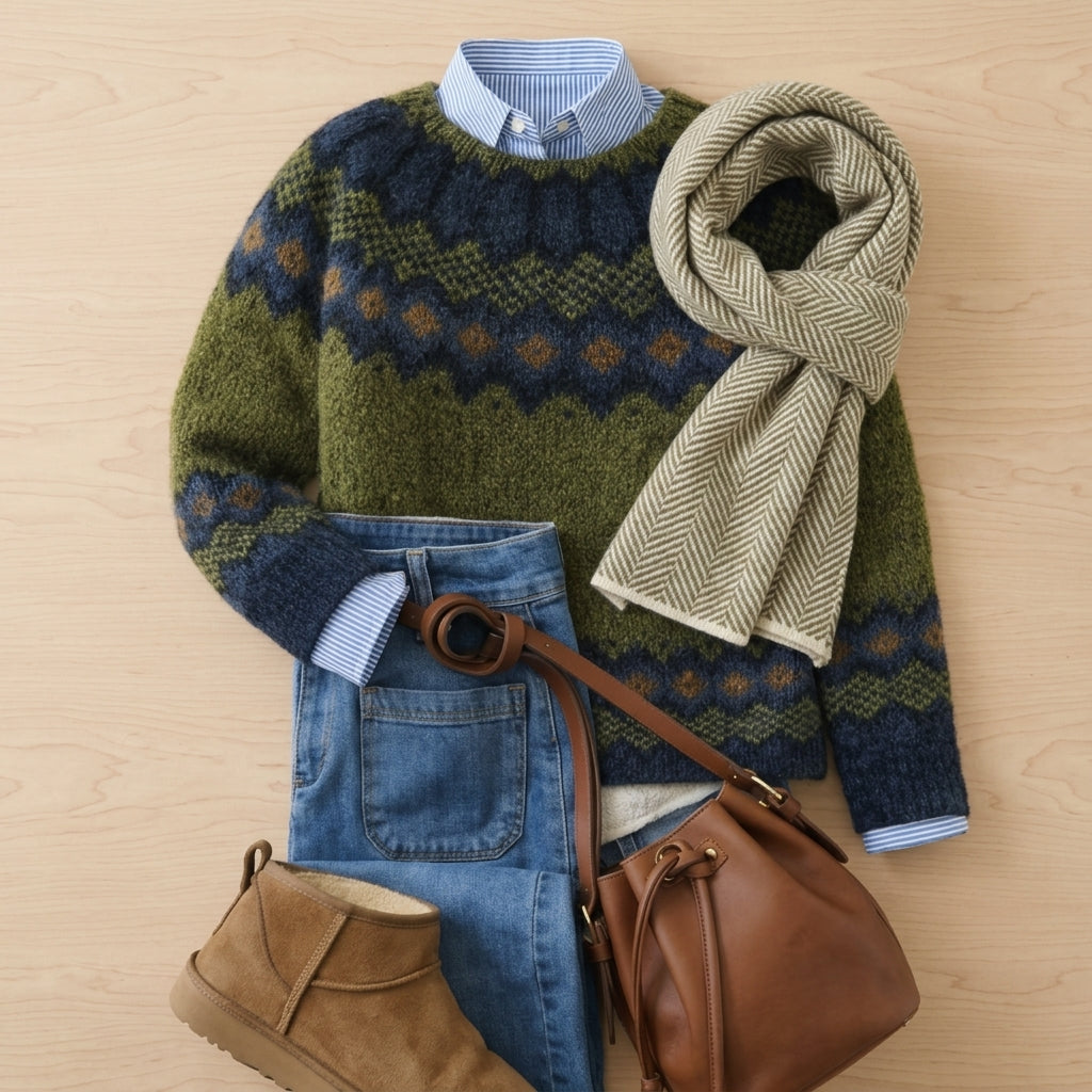 Tomiko – Composition flat lay pull vert forêt et accessoires