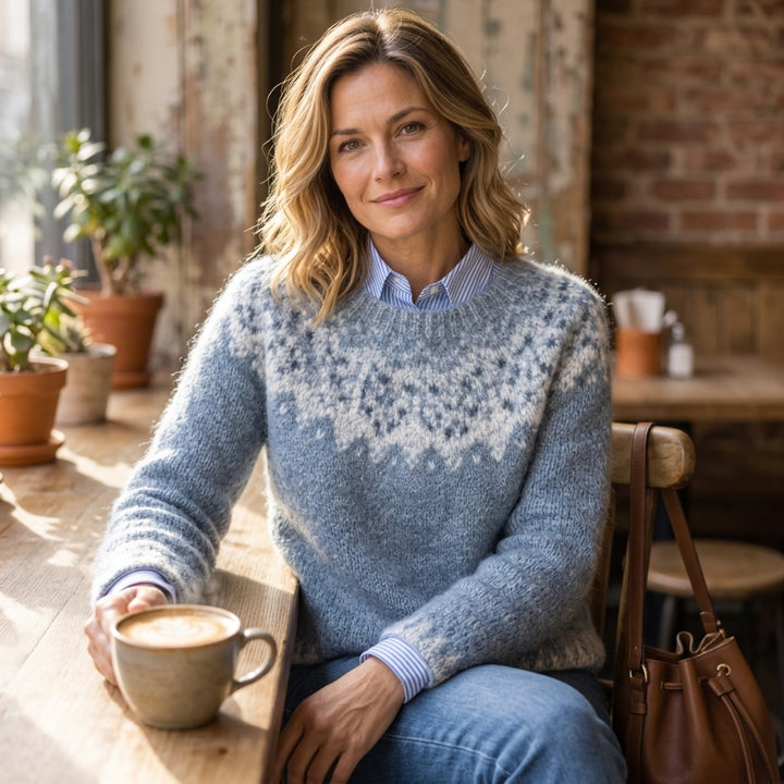 Sakiko – Pull bleu ciel style lifestyle café hivernal