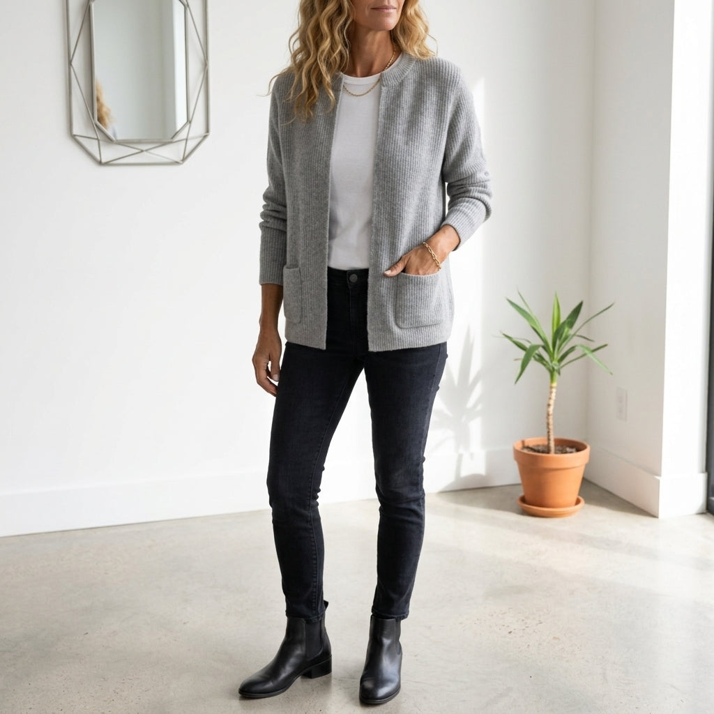 Gilet ouvert Nanako porté avec jean et bottines