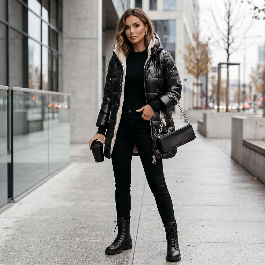 Hana – Manteau noir matelassé porté en extérieur
