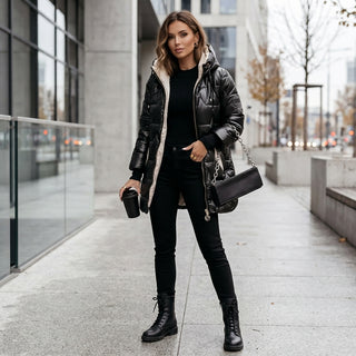 Hana – Manteau noir matelassé porté en extérieur