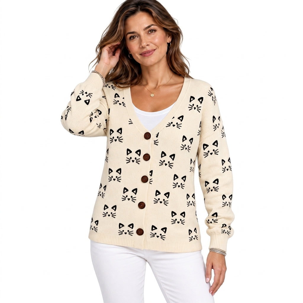 Gilet boutonné Chiyoko à motif chats - fond blanc studio