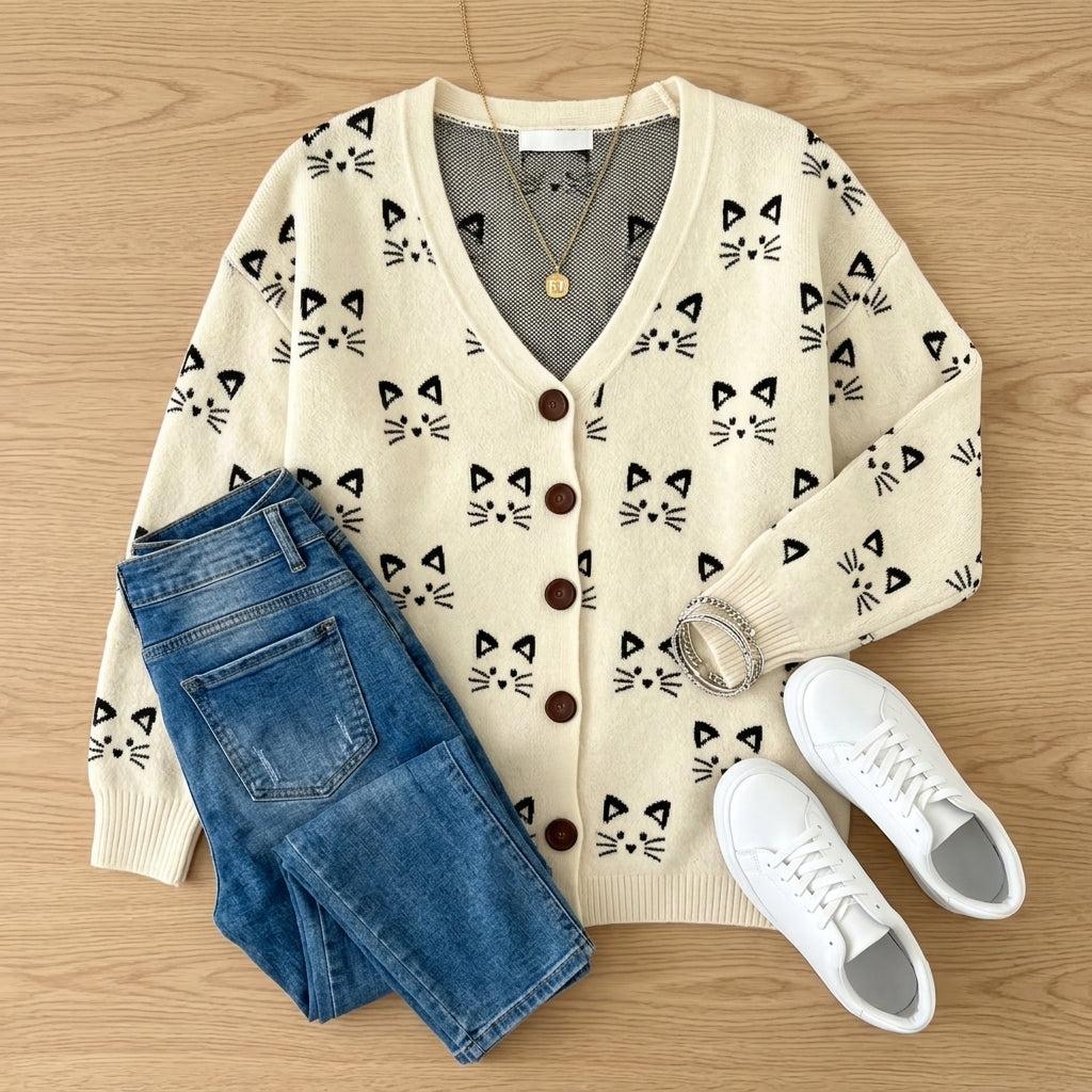 Gilet Chiyoko à motif chats - mise en scène flat lay avec jean