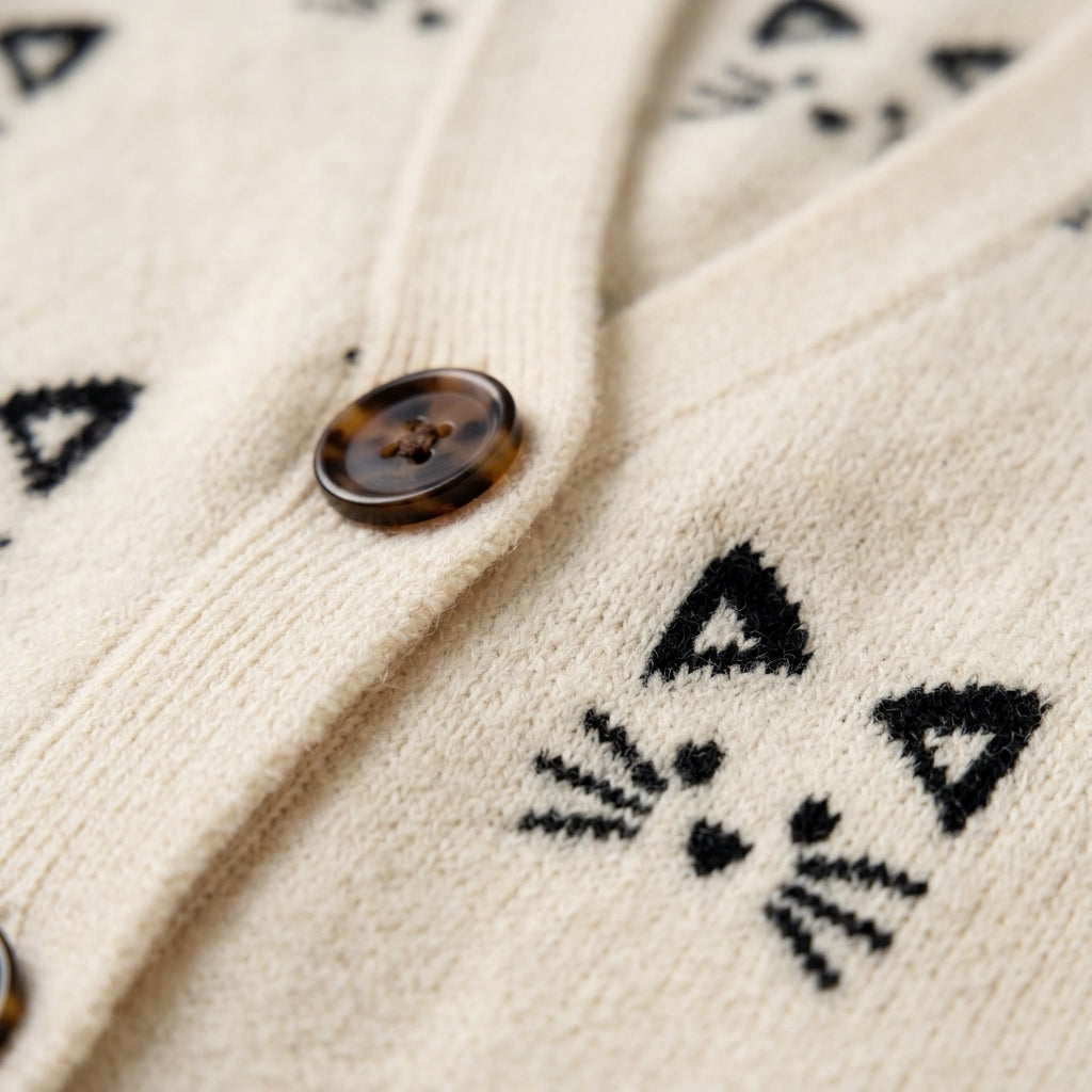 Gros plan sur la maille, le bouton et le motif chat du gilet Chiyoko