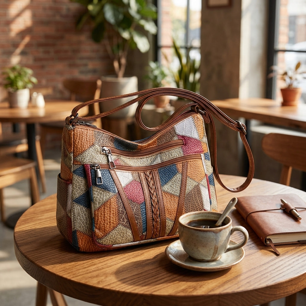 Asako - Sac bandoulière patchwork en scène lifestyle café