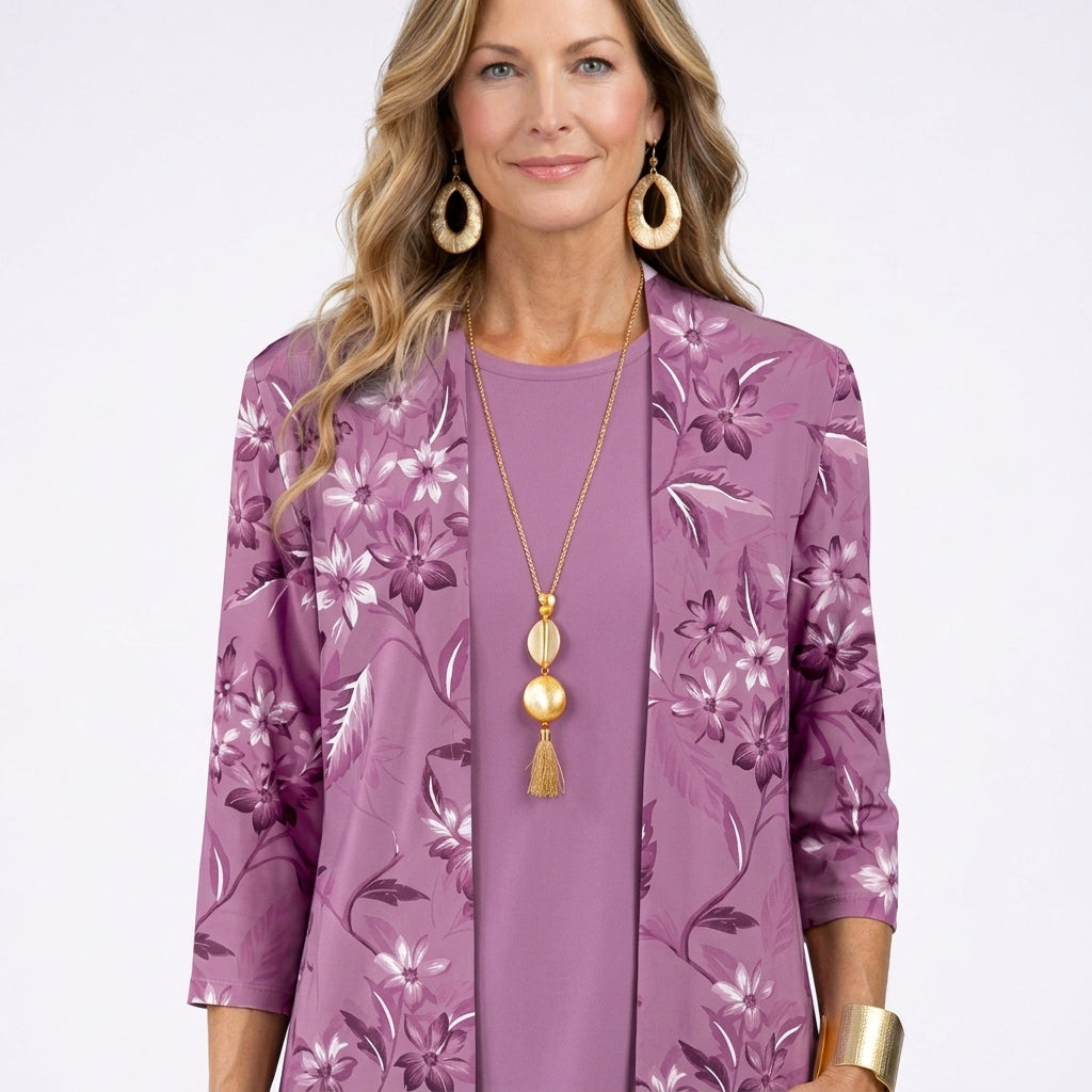 Aiko – Ensemble trois pièces fleuri pourpre – Détail buste et coupe