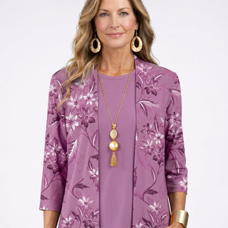 Aiko – Ensemble trois pièces fleuri pourpre – Détail buste et coupe