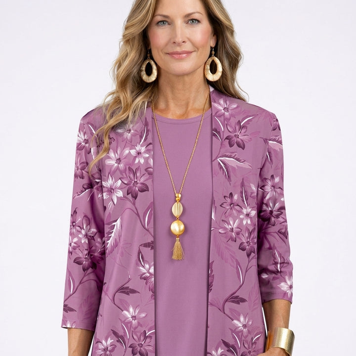 Aiko – Ensemble trois pièces fleuri pourpre – Détail buste et coupe