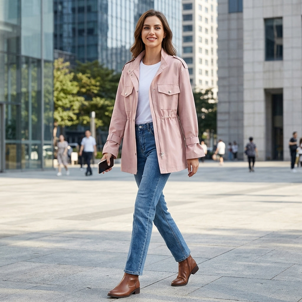 Tamaki – Modèle portant le trench déperlant rose coupe cintrée