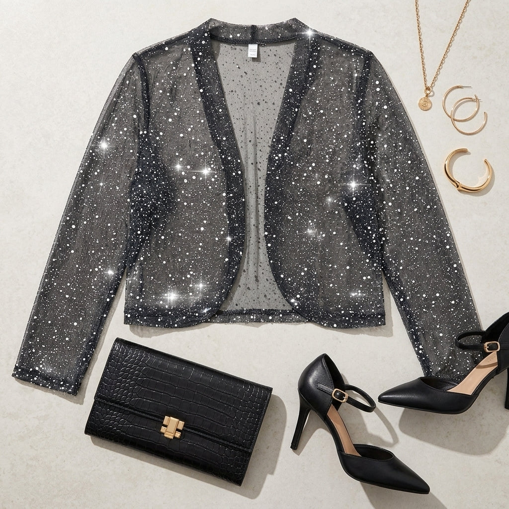 Noriko veste courte à paillettes – composition flat lay et accessoires