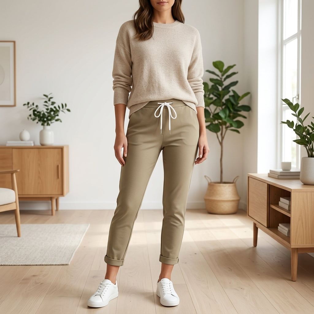 Reiko - Pantalon slim taille cordon porté en intérieur scandinave