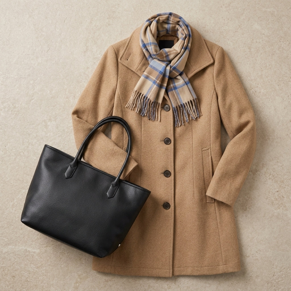 Chie - Composition flatlay et accessoires manteau droit