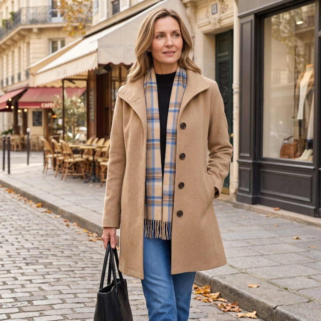 Chie - Manteau droit classique kaki porté en extérieur style lifestyle