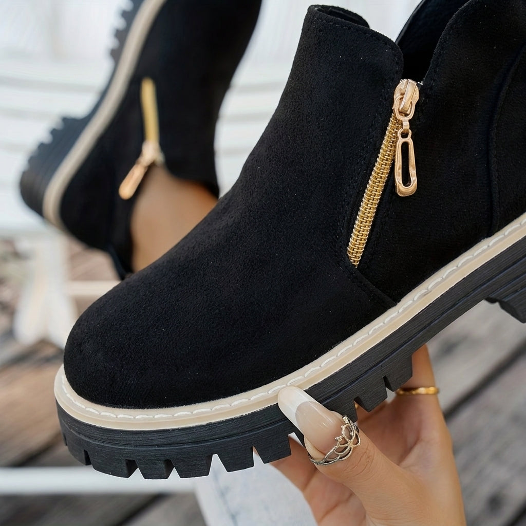 Hotaru | Bottines effet daim à double zip – Détail matière et zip doré